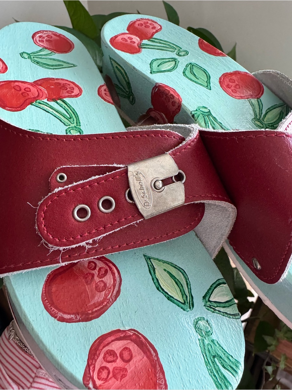 Cherry Print Mint Slide Sandals with Red Leather Straps - Picture 3 of 8